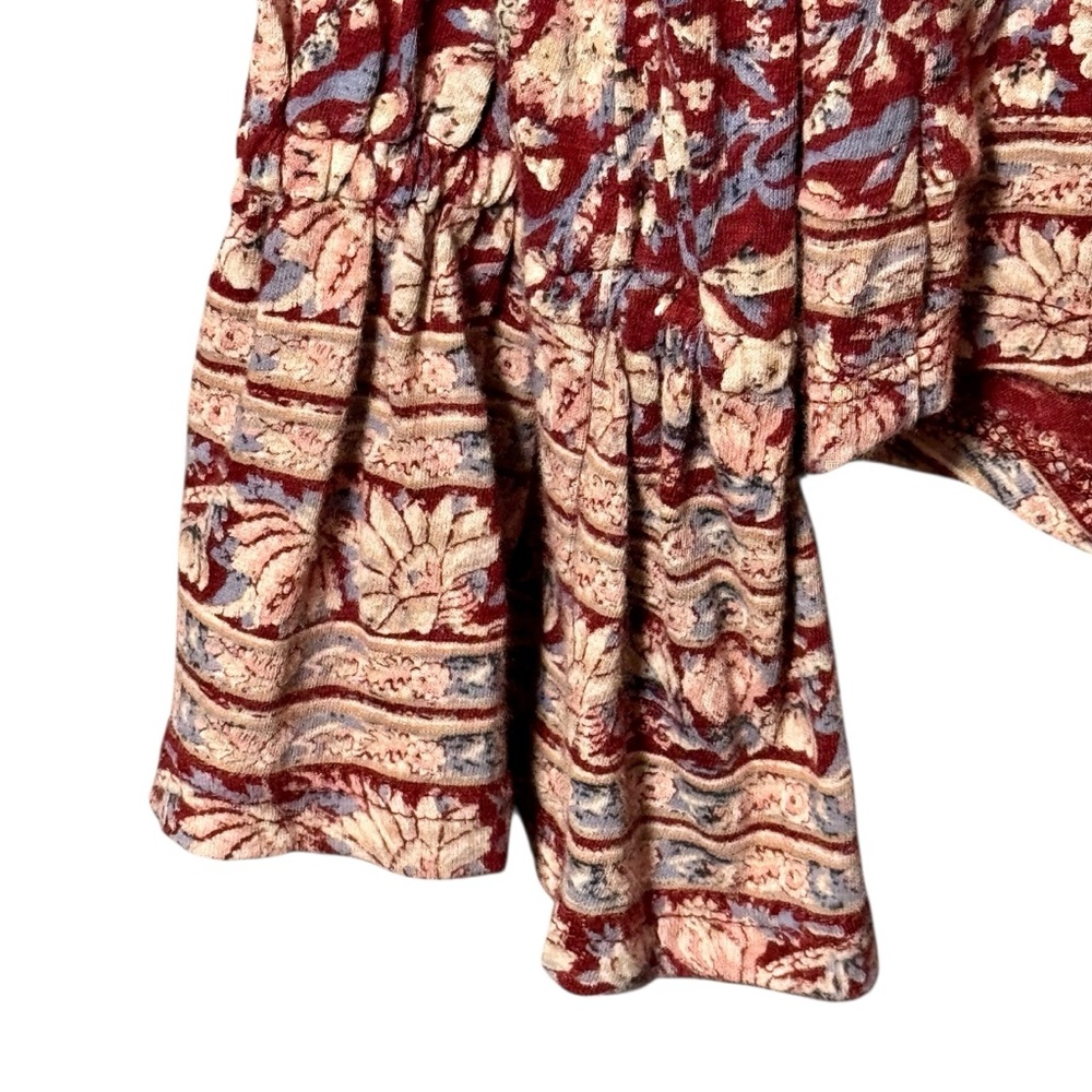 Lucky Brand Floral Burgundy Contrast Border Long Bell Sleeve Lightweight Blouse - Picture 5 of 9